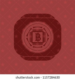 bitcoin chip (cryptocurrency mining concept) icon inside badge with red background