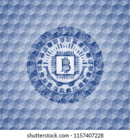 bitcoin chip (cryptocurrency mining concept) icon inside blue badge with geometric pattern.