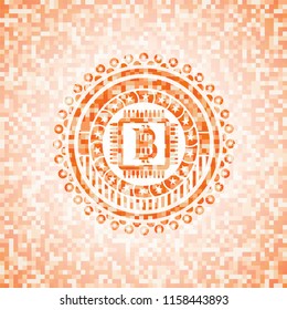 bitcoin chip (cryptocurrency mining concept) icon inside orange tile background illustration. Square geometric mosaic seamless pattern with emblem inside.