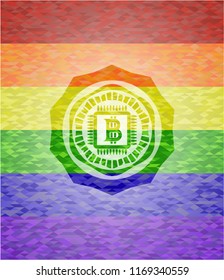 bitcoin chip (cryptocurrency mining concept) icon inside lgbt colors emblem 