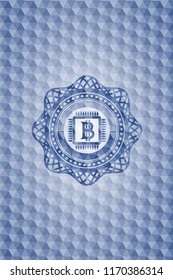 bitcoin chip (cryptocurrency mining concept) icon inside blue emblem or badge with abstract geometric polygonal pattern background.