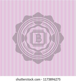 bitcoin chip (cryptocurrency mining concept) icon inside pink emblem. Vintage.