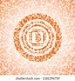 bitcoin chip (cryptocurrency mining concept) icon inside orange mosaic emblem