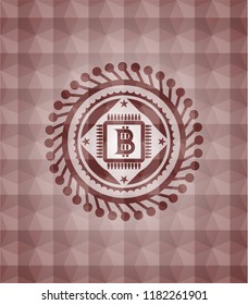 bitcoin chip (cryptocurrency mining concept) icon inside red seamless geometric badge.