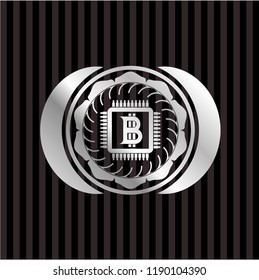 bitcoin chip (cryptocurrency mining concept) icon inside silvery badge