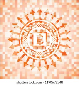 bitcoin chip (cryptocurrency mining concept) icon inside abstract emblem, orange mosaic background