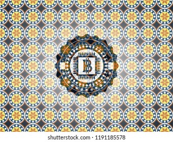 bitcoin chip (cryptocurrency mining concept) icon inside arabesque badge background. arabic decoration.