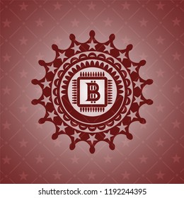 bitcoin chip (cryptocurrency mining concept) icon inside red emblem. Retro