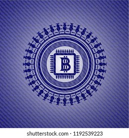 bitcoin chip (cryptocurrency mining concept) icon inside emblem with jean background