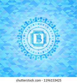 bitcoin chip (cryptocurrency mining concept) icon inside sky blue mosaic emblem