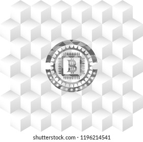 bitcoin chip (cryptocurrency mining concept) icon inside grey badge with geometric cube white background