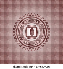 bitcoin chip (cryptocurrency mining concept) icon inside red  emblem with geometric pattern.