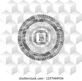 bitcoin chip (cryptocurrency mining concept) icon inside grey emblem with geometric cube white background