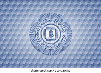 bitcoin chip (cryptocurrency mining concept) icon inside blue polygonal emblem.