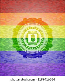 bitcoin chip (cryptocurrency mining concept) icon inside lgbt colors emblem 