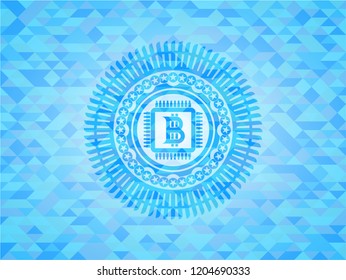 bitcoin chip (cryptocurrency mining concept) icon inside realistic light blue mosaic emblem