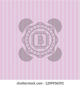 bitcoin chip (cryptocurrency mining concept) icon inside pink emblem. Retro