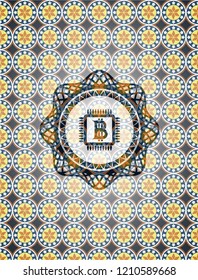 bitcoin chip (cryptocurrency mining concept) icon inside arabic style badge. Arabesque decoration.