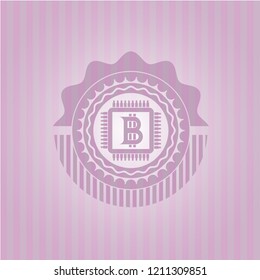 bitcoin chip (cryptocurrency mining concept) icon inside pink emblem. Vintage.