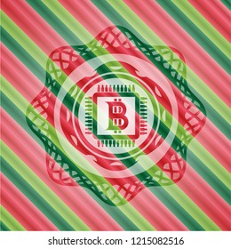 bitcoin chip (cryptocurrency mining concept) icon inside christmas colors style badge.