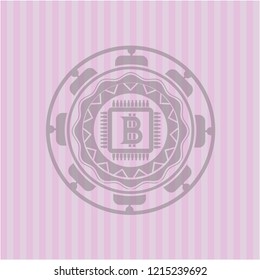 bitcoin chip (cryptocurrency mining concept) icon inside pink emblem. Retro