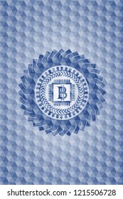 bitcoin chip (cryptocurrency mining concept) icon inside blue emblem with geometric pattern.