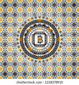 bitcoin chip (cryptocurrency mining concept) icon inside arabic badge background. Arabesque decoration.