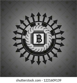 bitcoin chip (cryptocurrency mining concept) icon inside realistic dark emblem