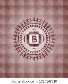 bitcoin chip (cryptocurrency mining concept) icon inside red emblem or badge with abstract geometric pattern background. Seamless.
