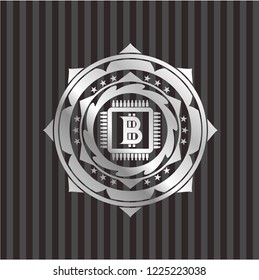 bitcoin chip (cryptocurrency mining concept) icon inside silvery shiny emblem
