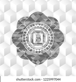 bitcoin chip (cryptocurrency mining concept) icon inside grey emblem with cube white background