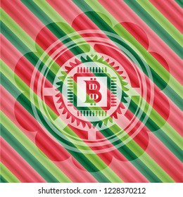 bitcoin chip (cryptocurrency mining concept) icon inside christmas emblem background.