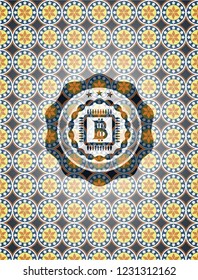 bitcoin chip (cryptocurrency mining concept) icon inside arabesque style emblem. arabic decoration.