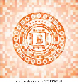 bitcoin chip (cryptocurrency mining concept) icon inside orange tile background illustration. Square geometric mosaic seamless pattern with emblem inside.