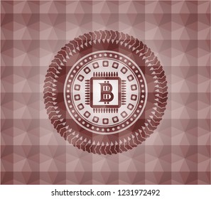 bitcoin chip (cryptocurrency mining concept) icon inside red geometric pattern emblem. Seamless.