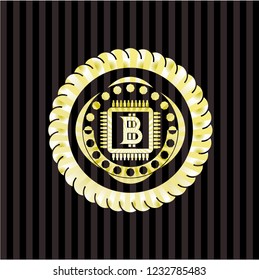 bitcoin chip (cryptocurrency mining concept) icon inside gold emblem
