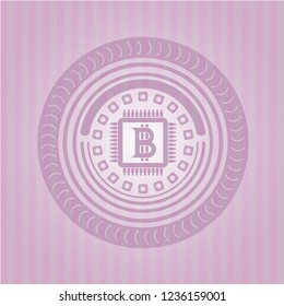 bitcoin chip (cryptocurrency mining concept) icon inside realistic pink emblem