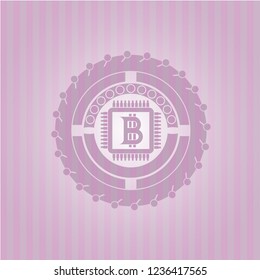 bitcoin chip (cryptocurrency mining concept) icon inside retro style pink emblem