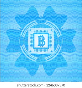 bitcoin chip (cryptocurrency mining concept) icon inside water concept style badge.