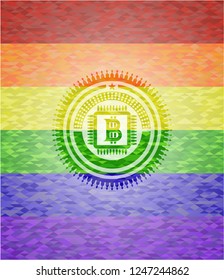 bitcoin chip (cryptocurrency mining concept) icon on mosaic background with the colors of the LGBT flag