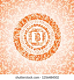 bitcoin chip (cryptocurrency mining concept) icon inside orange mosaic emblem with background