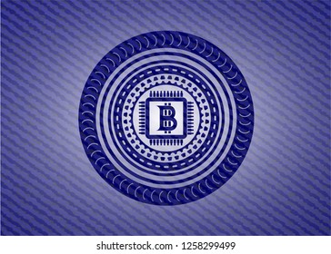 bitcoin chip (cryptocurrency mining concept) icon inside badge with denim texture