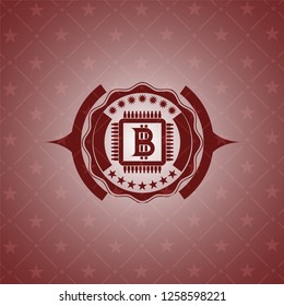 bitcoin chip (cryptocurrency mining concept) icon inside red emblem. Vintage.