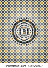 bitcoin chip (cryptocurrency mining concept) icon inside arabic emblem background. Arabesque decoration.