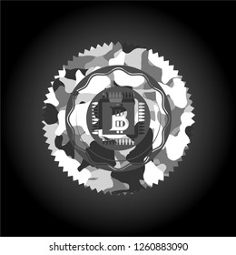 bitcoin chip (cryptocurrency mining concept) icon on grey camouflaged texture