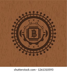 bitcoin chip (cryptocurrency mining concept) icon inside retro wooden emblem