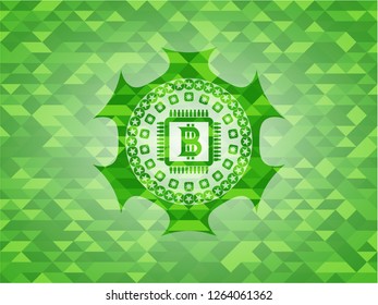 bitcoin chip (cryptocurrency mining concept) icon inside green mosaic emblem