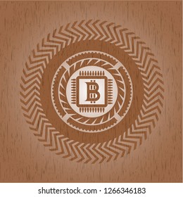 bitcoin chip (cryptocurrency mining concept) icon inside wooden emblem. Retro