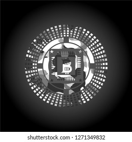 bitcoin chip (cryptocurrency mining concept) icon inside grey camouflage emblem