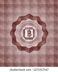 bitcoin chip (cryptocurrency mining concept) icon inside red seamless geometric pattern emblem. Seamless.